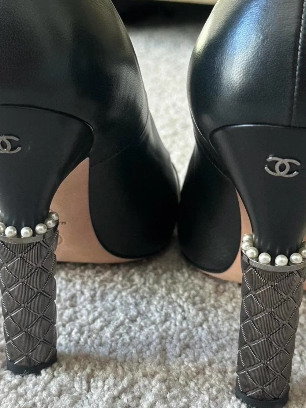 CHANEL Black Leather Round-Toe High Heels